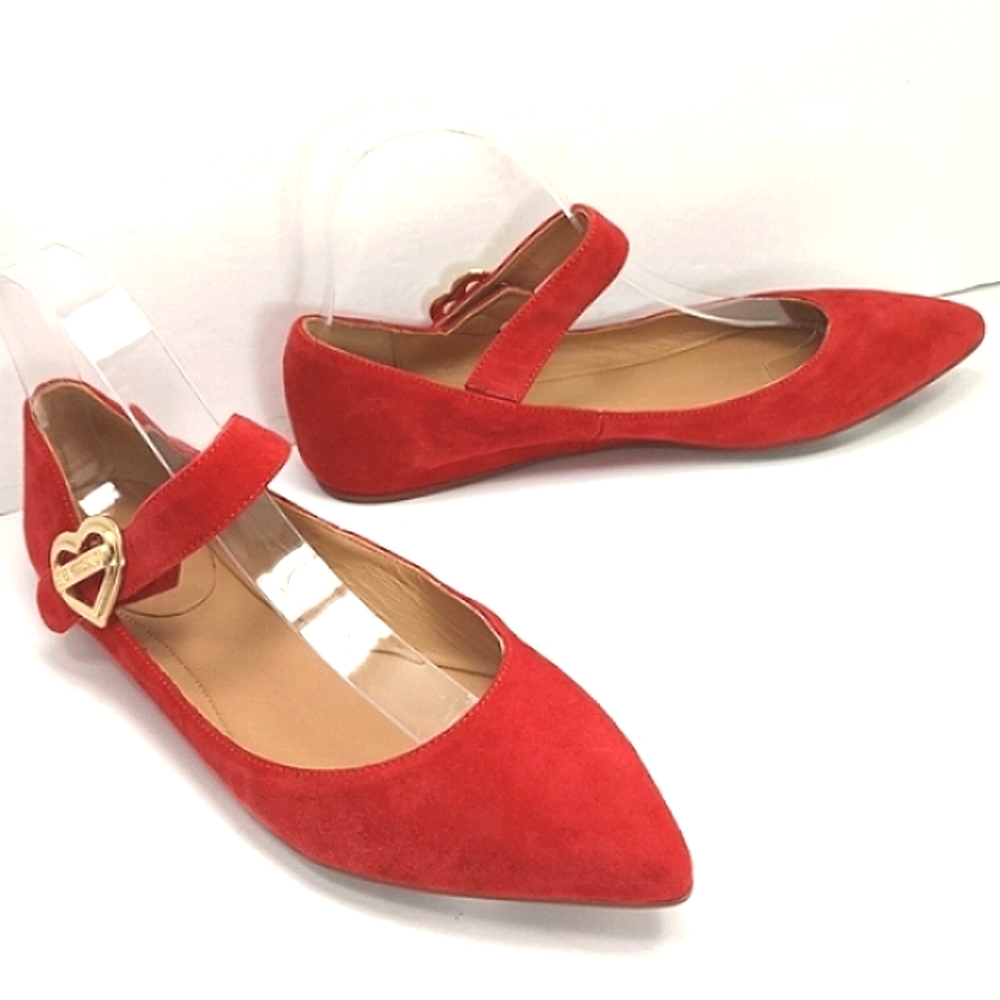 LOVE MOSCHINO Cherry Red Suede Rubber Sole Mary Janes Heart Logo Buckle Like NIB
